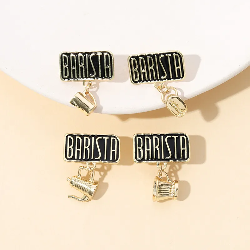 Barista Theme Coffee Brooch Alloy Enamel Pin Gold Black Badge Barista Coffee Pot Cup Bean Pendant Gift For Coffee Lovers