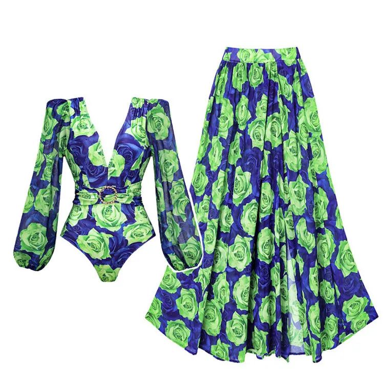 Damen Sexy Tiefer V-Ausschnitt Langarm Floral Druck Einteiler Badeanzug Mit Hoher Taille Strandrock Badebekleidung