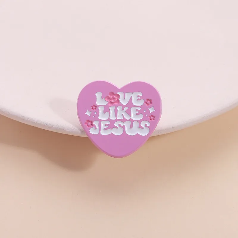 Broche Pin's en Émail Cœur Rose Love Like Jesus Lettres Floral Badge Décoratif Alliage de Zinc Bijoux Religieux Mignon Cadeau