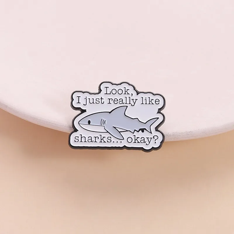 Funny Zinc Alloy Cartoon Shark Enamel Pin Brooch With Humorous Lettering Badge For Backpack Jackets Unisex Jewelry