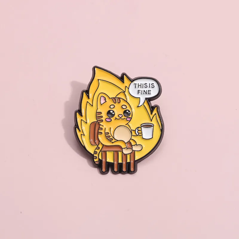 Funny Cat Meme Enamel Pin This Is Fine Orange Tabby Cat Drinking Coffee In Fire Alloy Brooch For Backpack Clothing Decor