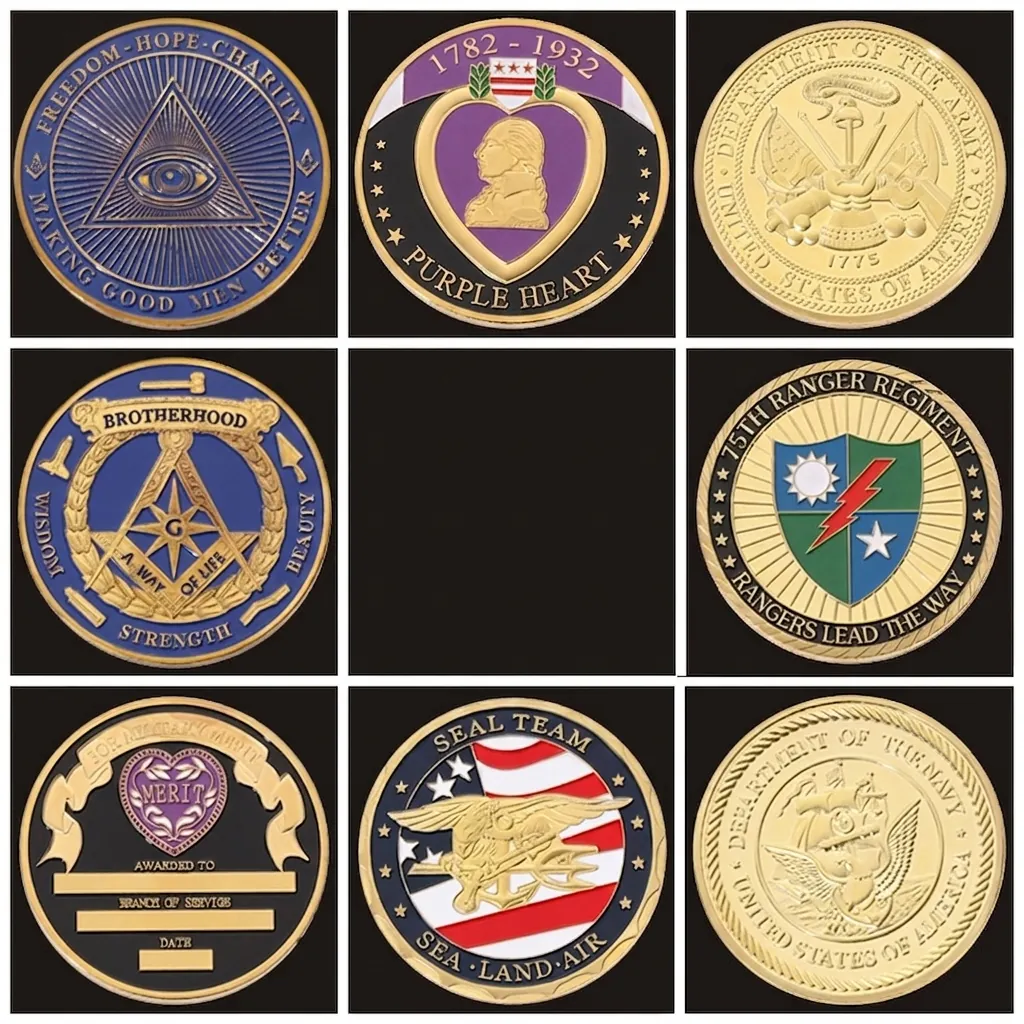 Military Challenge Coins Gold Plated Alloy Enamel Commemorative Medals US Navy Seals Rangers Freemasonry Collection Gift