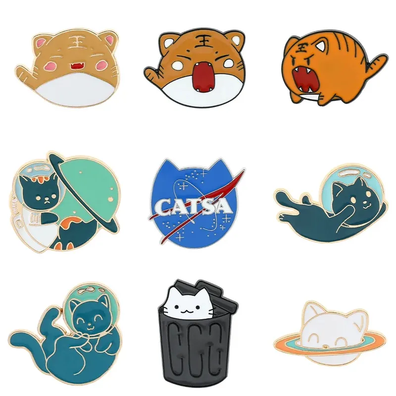 Cute Cartoon Cat Tiger Enamel Brooch Pin Creative Space Astronaut Cat Alloy Metal Badge For Bags Backpack Clothes Accessories Jewelry
