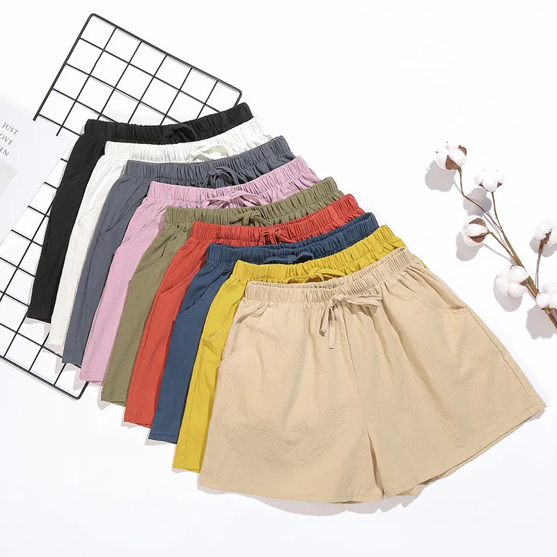 Women Casual Cotton Blend Crepe Shorts Elastic High Waist Drawstring Wide Leg Shorts Summer Loose Breathable Beach Shorts