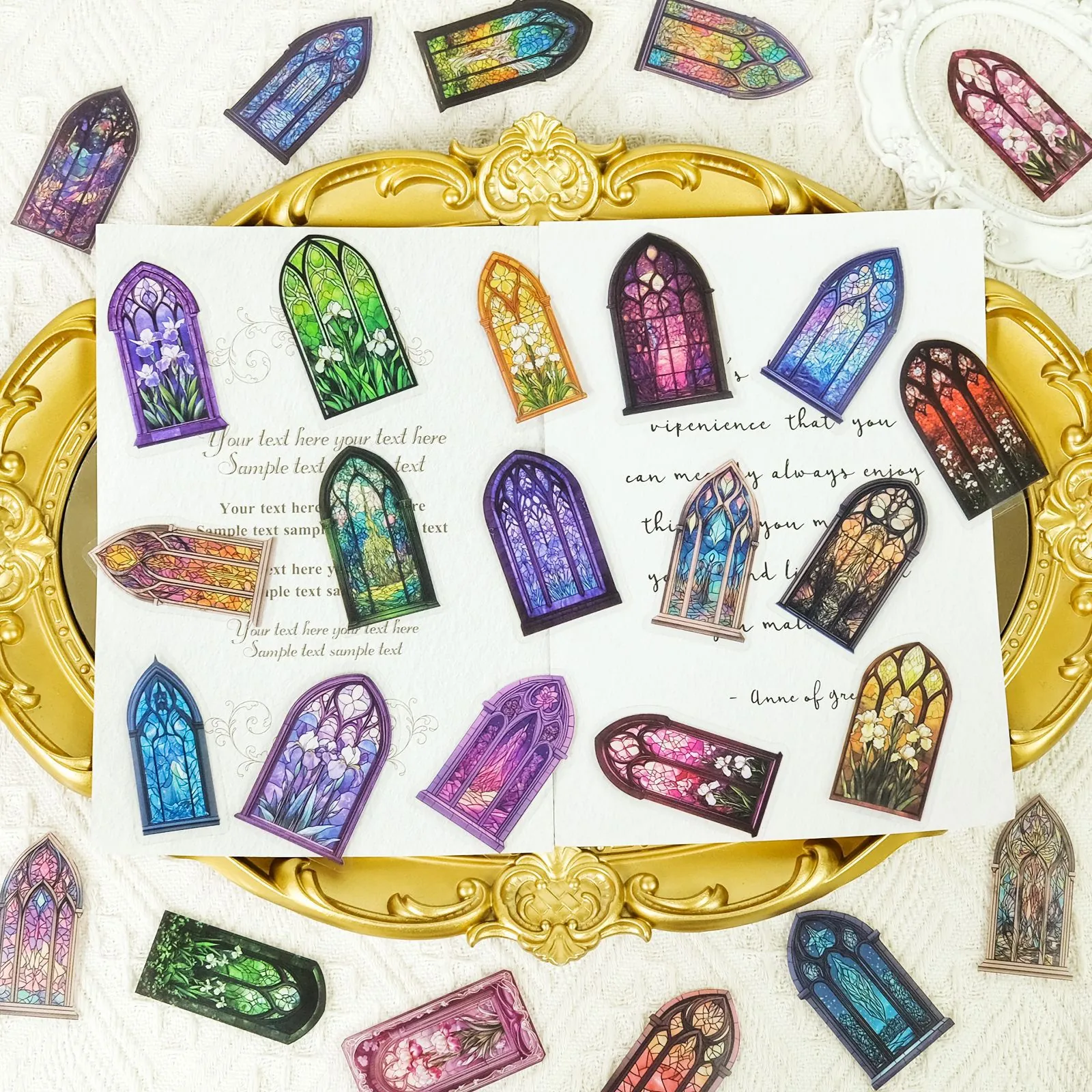Gothic Stained Glass Window PET Stickers Translucent Cathedral Floral Arched Decorative Decals For Scrapbooking Journaling DIY