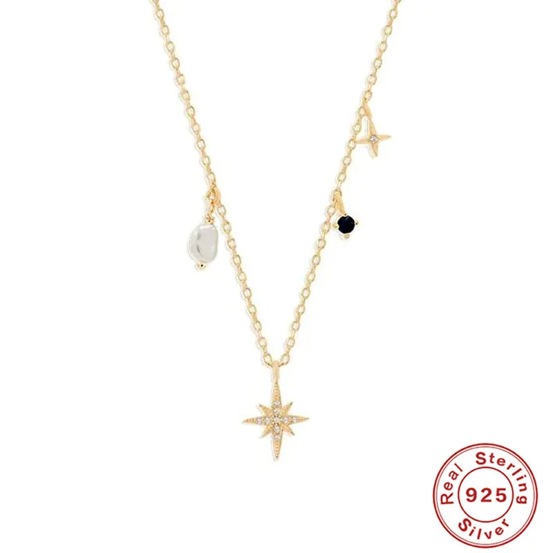 925 Sterling Silver Octagonal Star Necklace For Women Artificial Pearl Rhinestone Clavicle Chain Layered Fashion Jewelry