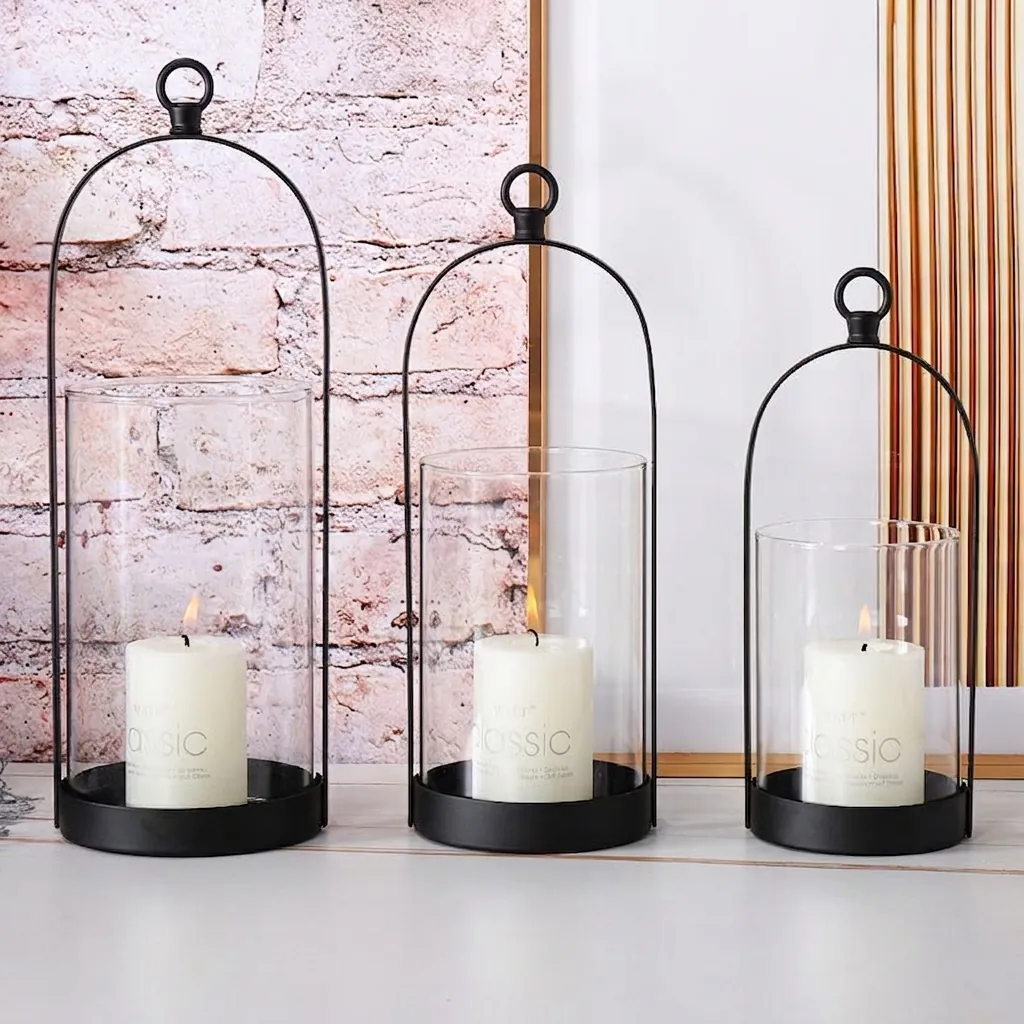 Nordic Iron Candle Holder With Glass Cover Minimalist Metal Lantern Wedding Table Ornament Decorative Candlestick Home