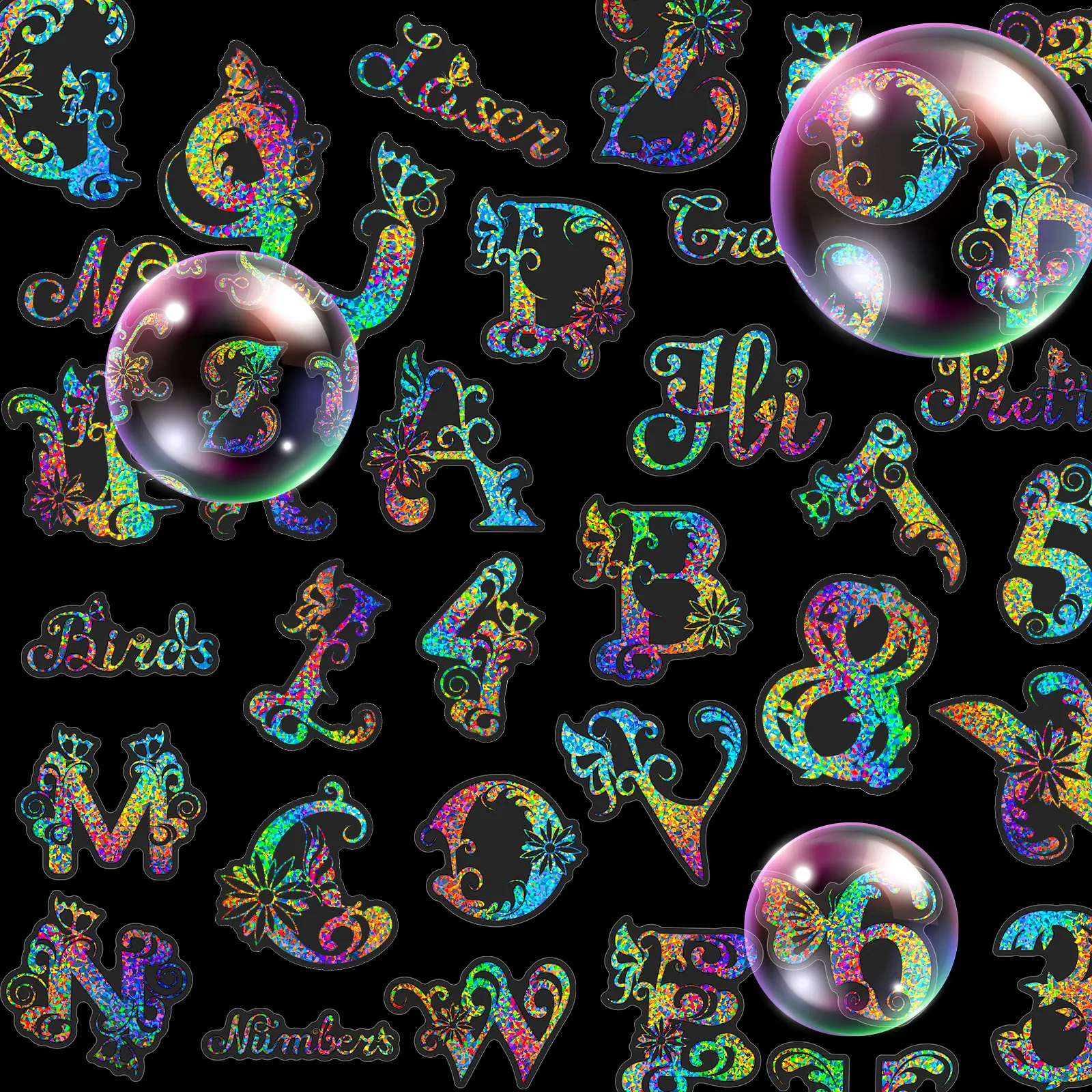 Holographic Silver Laser Alphabet Number Stickers For Kids Learning Decorative Silver Laser Recognition Stickers For DIY Craft Scrapbooking