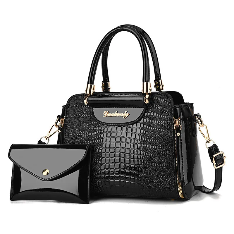Women Crocodile Pattern Handbag And Pouch Glossy Patent PU Leather Shoulder Bag With Detachable Strap Fashion Tote Bag