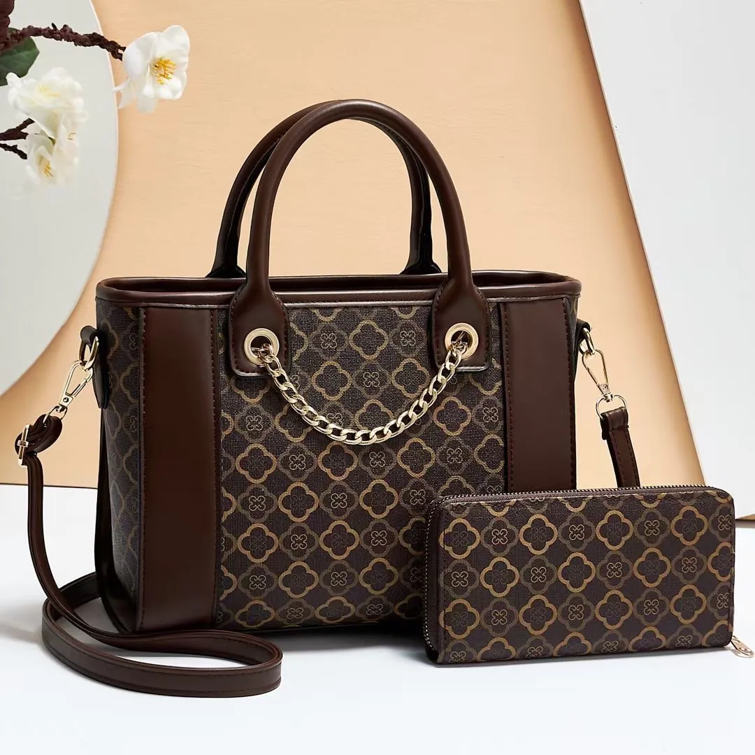 Women Elegant PU Leather Tote And Wallet Vintage Clover Print Handbag Crossbody Bag With Metal Chain Large Capacity Casual Daily Top Handle Bag