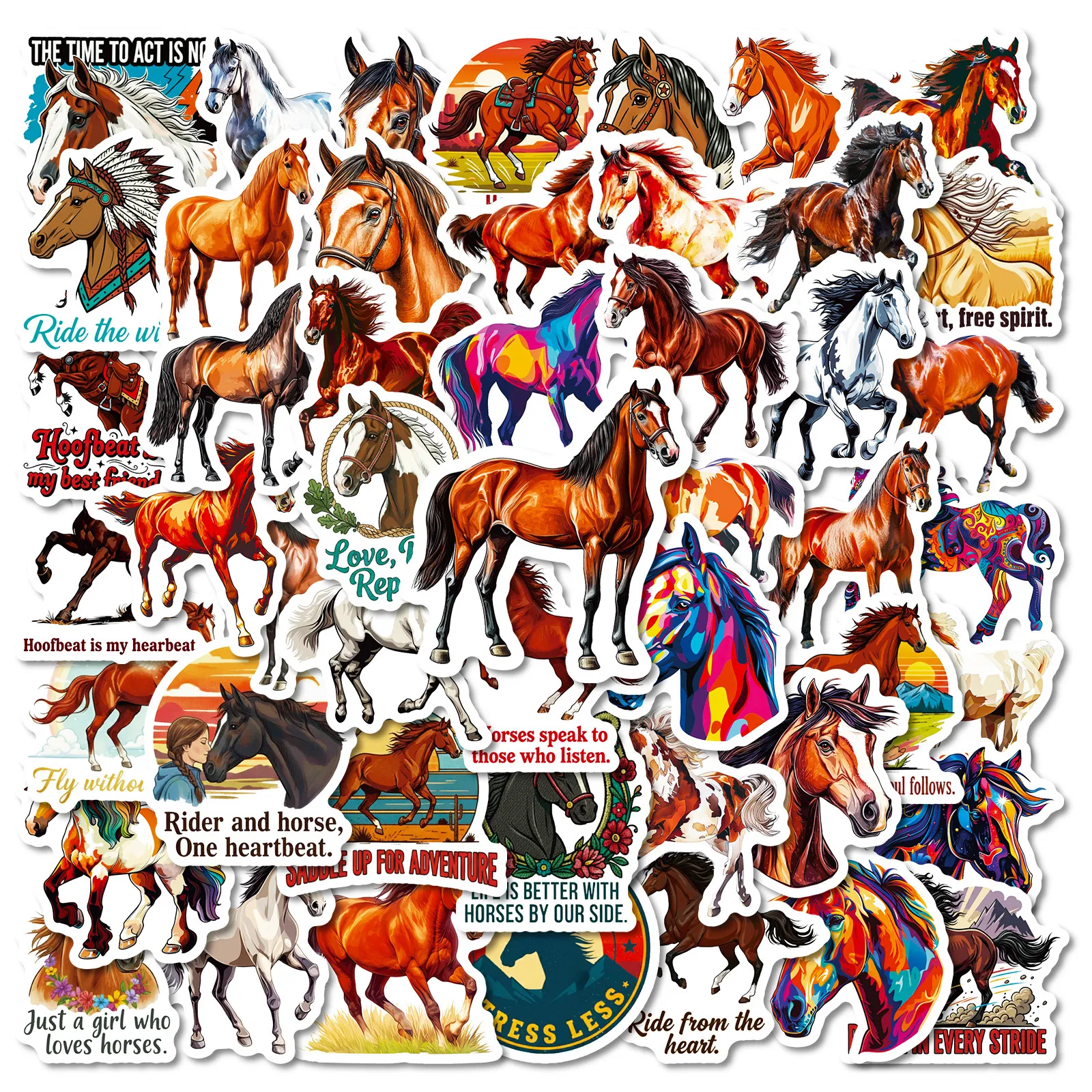 Assorted Horse Theme Waterproof PVC Stickers With Inspirational Phrases For DIY Scrapbook Laptop Water Bottle Decoration For Horse Lovers
