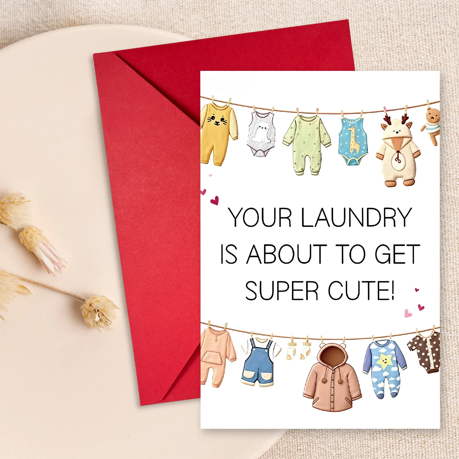 Ensemble de Cartes de Vœux Illustration de Vêtements de Bébé Avec Enveloppe Rouge Carte d'Annonce de Naissance Cadeau Fête de Bébé