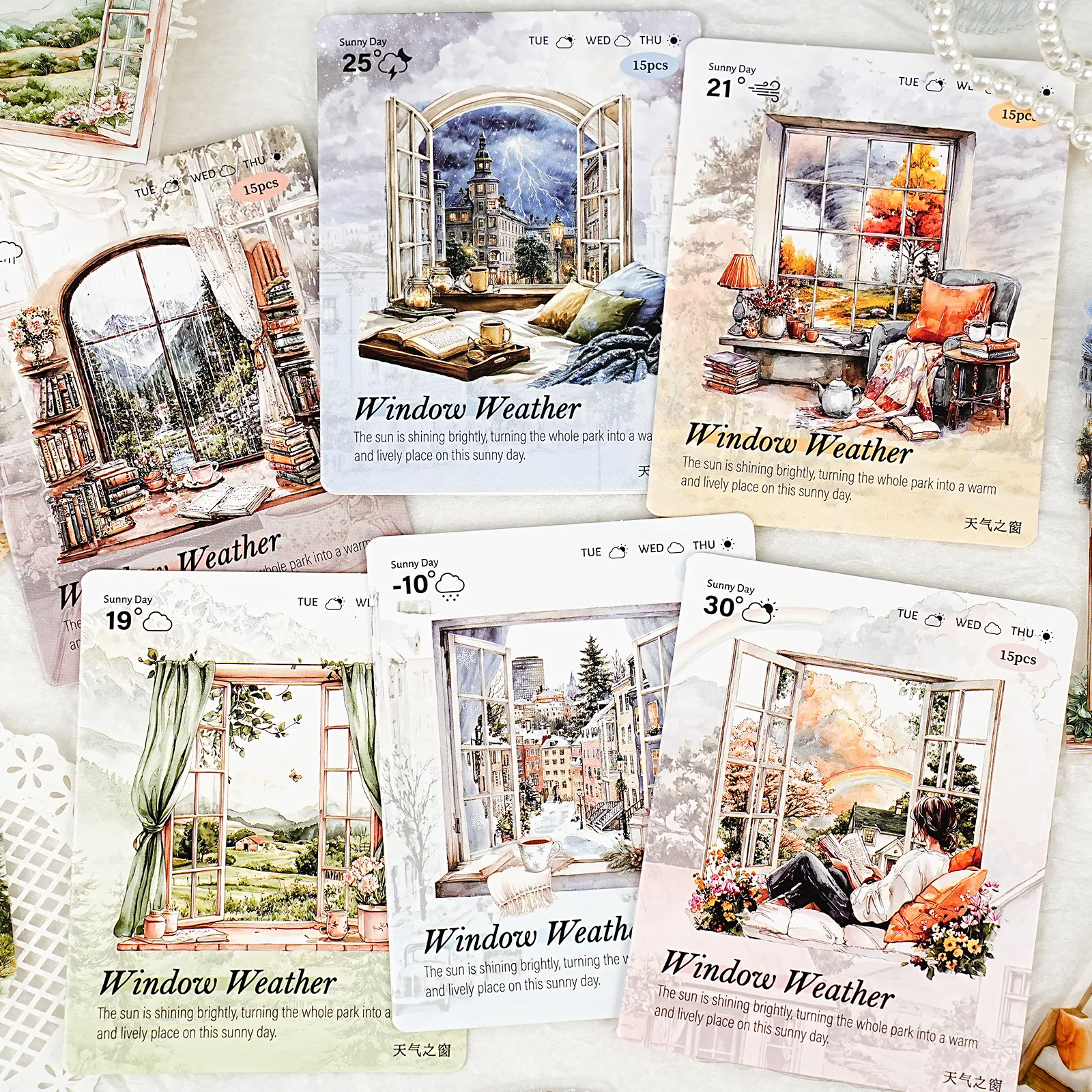 Pacchetto di Adesivi PET Serie Finestra del Tempo Acquerello Vista Finestra Paesaggio Scrapbooking Adesivi Decorativi Fai-da-Te