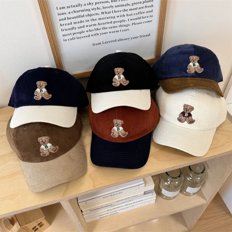 Retro Bear Embroidered Corduroy Baseball Cap Contrast Color Adjustable Soft Sun Hat For Men Women Kids Outdoor Fashion Sport