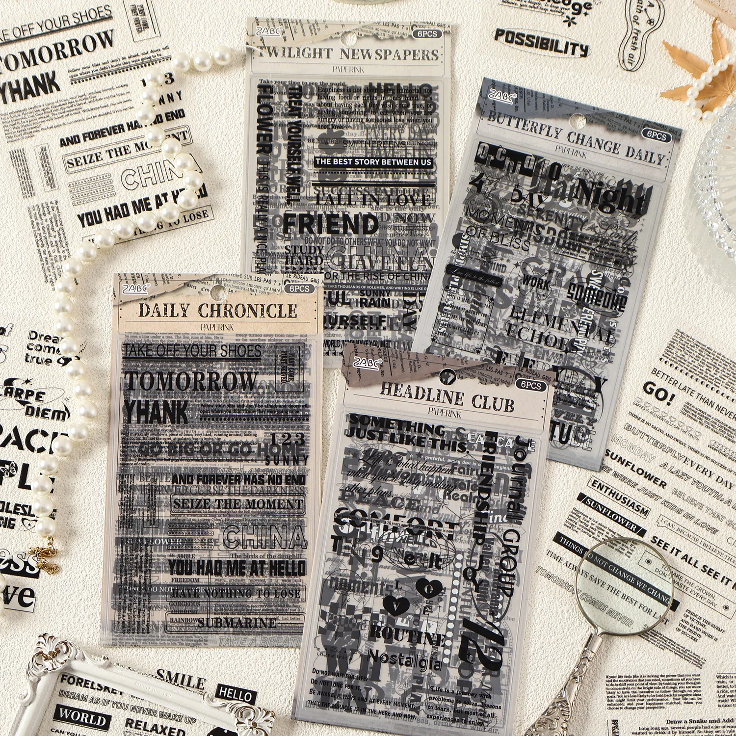 Autocollants Décoratifs Transparents en PET de Vieux Journal Imperméables Typographie Anglaise pour Junk Journal DIY Scrapbooking