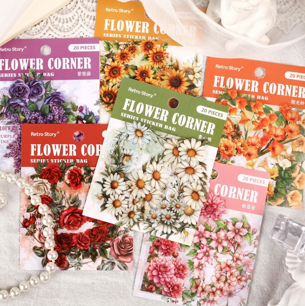 Retro Floral Corner Serie PET Aufkleber 3D Geschäumte White Mist Washi Aufkleber Für Journal Scrapbooking DIY Deko Aufkleber