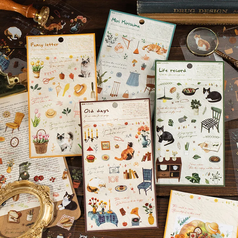 Autocollants en PET Rétro Vintage pour Journal Chat Fleur Meubles Botaniques Autocollants Décoratifs pour Scrapbooking DIY Hand Account
