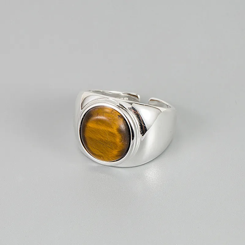 Anillo de Plata de Ley 925 Vintage con Ojo de Tigre para Mujer Minimalista Ovalado Piedra Natural Incrustada Ajustable