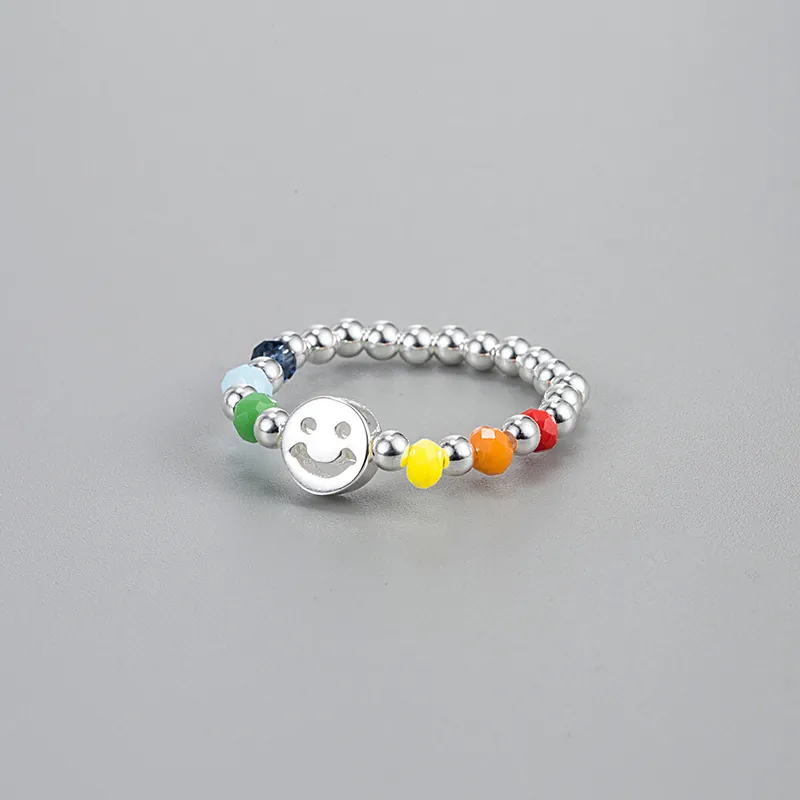 Beaded Ring 925 Sterling Silver Colorful Beads Smile Face Elastic Stretch Adjustable Ring For Women Korean INS Style