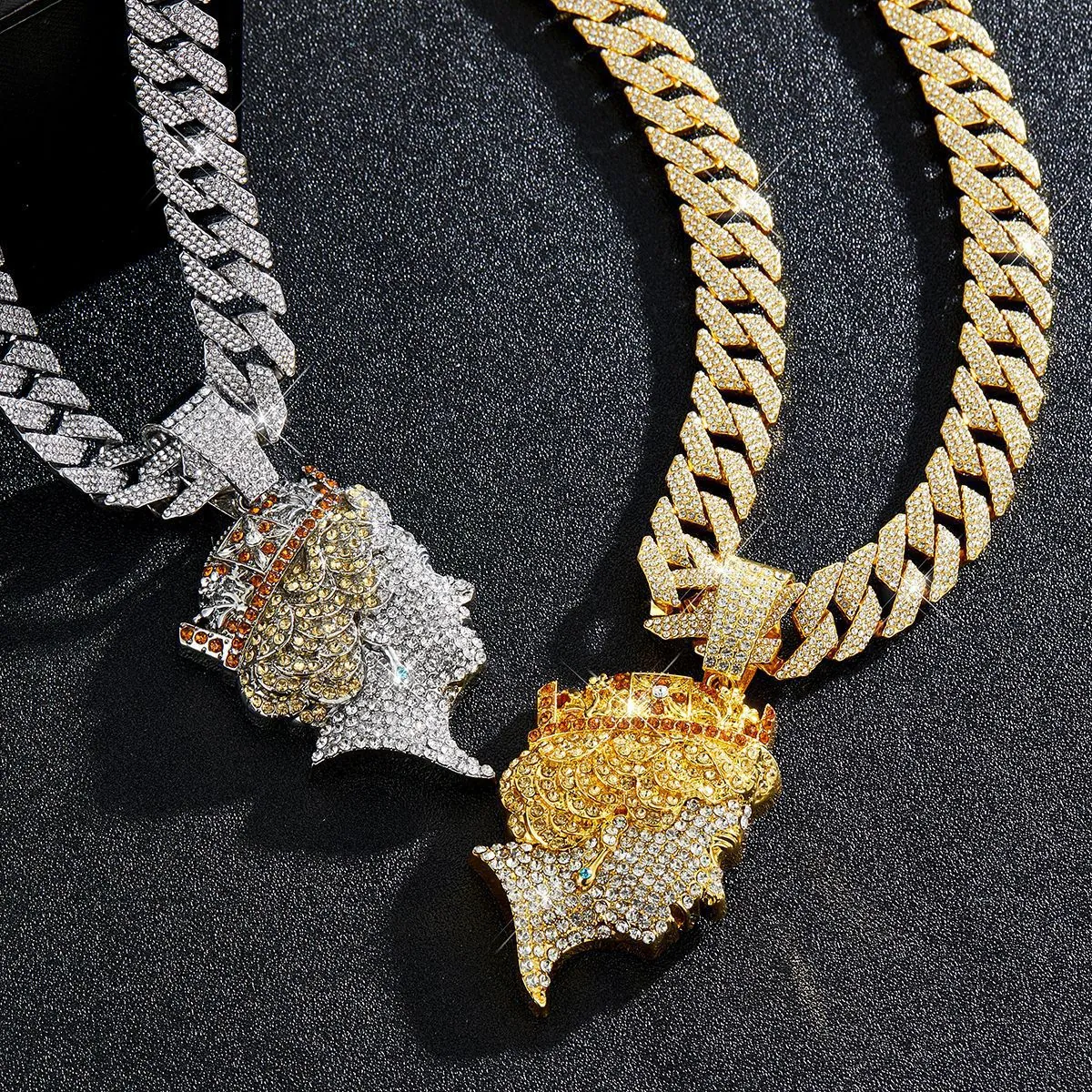 Luxury Hip Hop Iced Out Queen Elizabeth II Portrait Pendant Necklace Alloy Rhinestone Cuban Chain For Men Women Jewelry