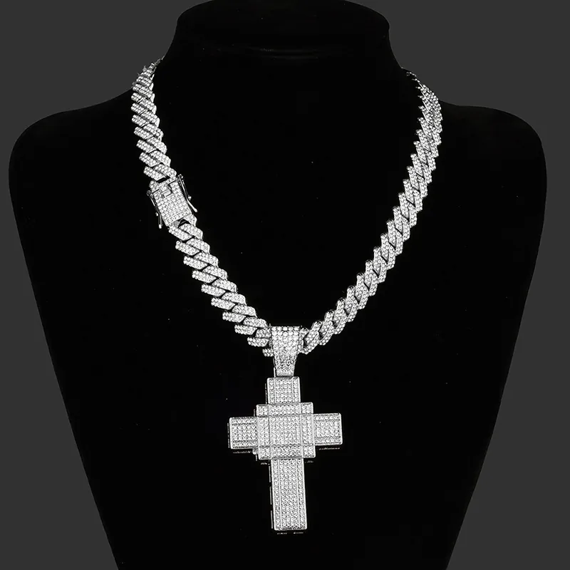 Hip Hop Iced Out Cross Pendant Necklace For Men Women Alloy Rhinestone Cuban Link Chain Retro Street Jewelry Gift