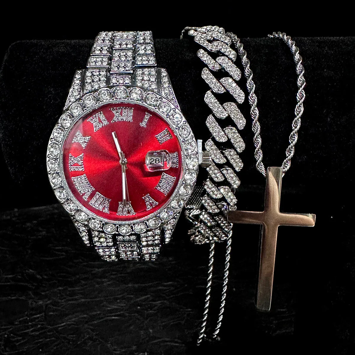 Hip Hop Men Jewelry Set Iced Out Rhinestone Quartz Watch Cuban Bracelet Cross Pendant Twist Chain Necklace Alloy Set