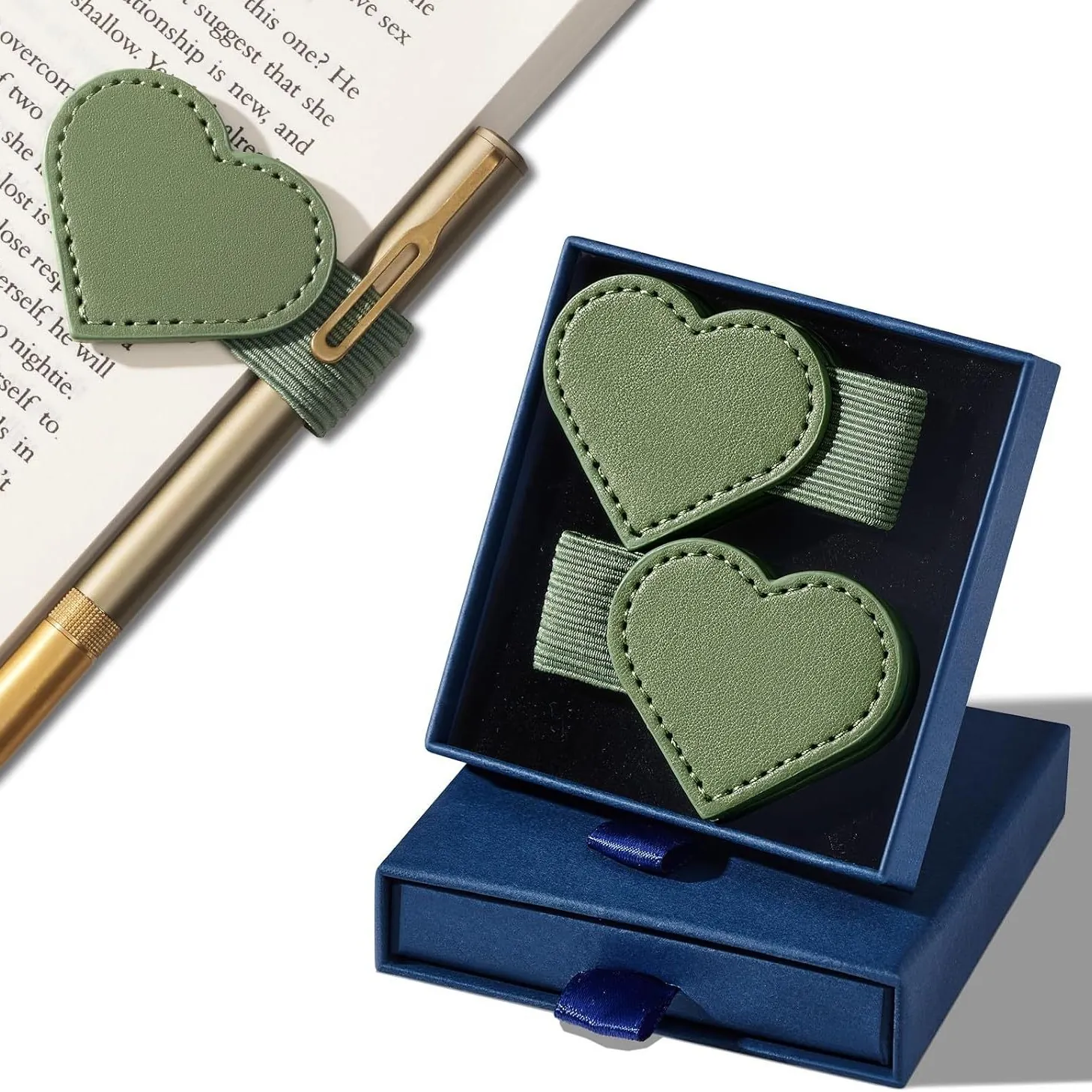 Heart Shaped PU Leather Magnetic Bookmark With Pen Holder Elastic Loop Stylish Durable Stationery Pen Clip For Notebooks