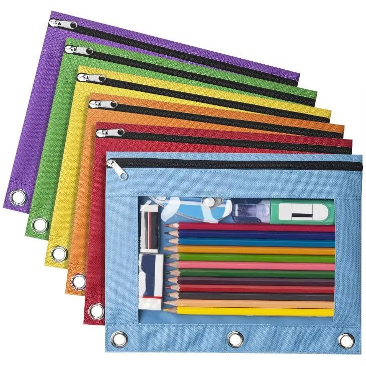 Oxford Cloth Pencil Pouch With Transparent Window And Three Ring Holes Zipper Document Bag Office Stationery Storage Bag