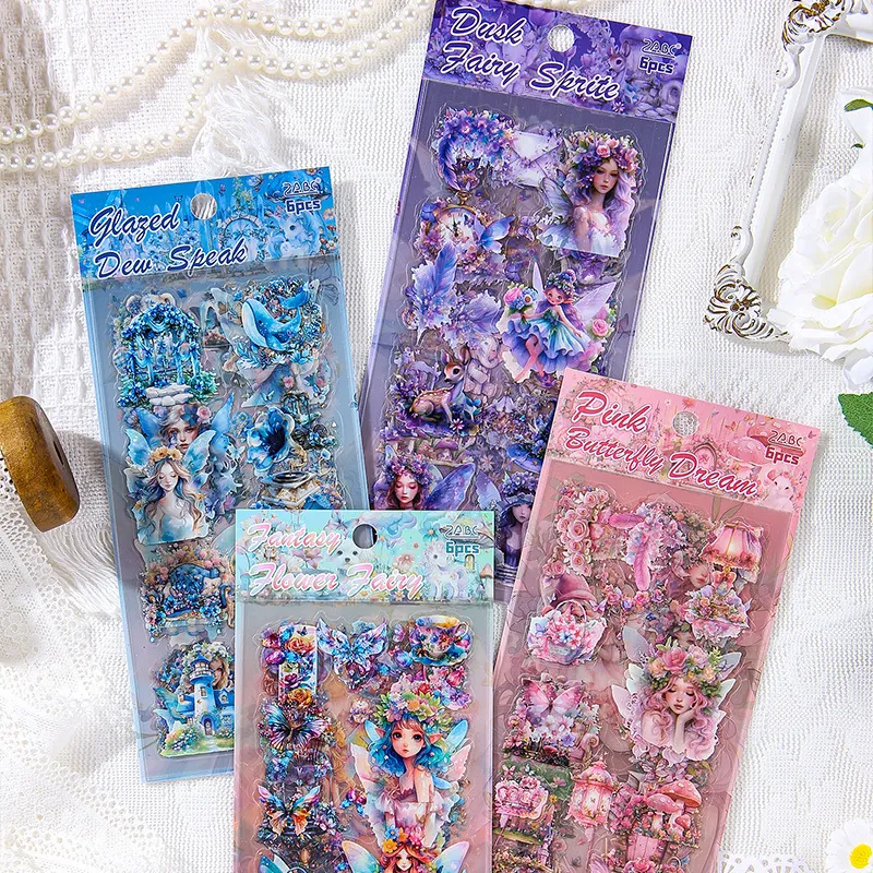 Vintage PET Stickers Star Whisper Flower Dream Fairy Butterfly Die-cut Waterproof Scrapbooking Decals 6 Sheets DIY Decor