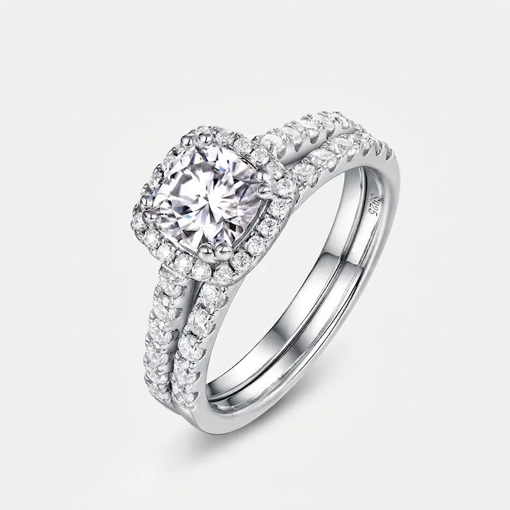 Luxury 925 Sterling Silver Moissanite Ring Set Cushion Cut Halo Pavé Wedding Engagement Rings for Women Noble Jewelry