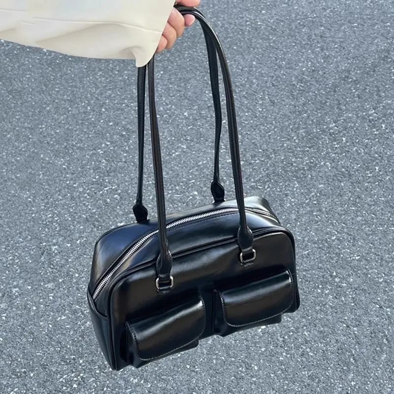 Vintage Glossy PU Leather Bowling Bag For Women Multi Pocket Underarm Shoulder Bag Commuting Solid Color Fashion Handbag