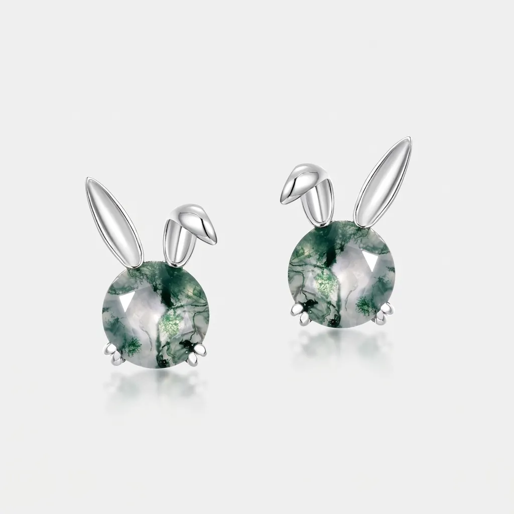Cute 925 Sterling Silver Rabbit Ear Moss Agate Stud Earrings Natural Green Stone Forest Style Animal Jewelry For Women