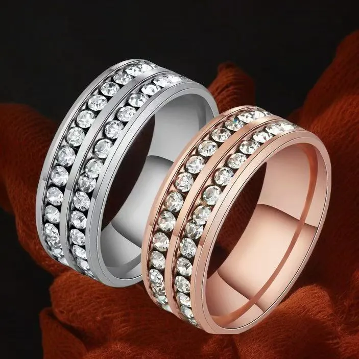 Bague En Acier Titane Pour Femmes Avec Zircone Incrustée Double Rangée Anneau En Acier Inoxydable Bijoux De Mode