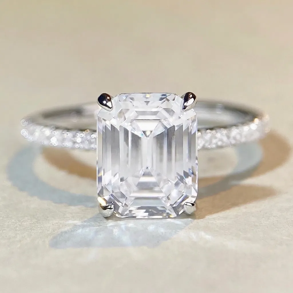 Luxury 925 Sterling Silver Emerald Cut Zirconia Ring For Women Pave Radiant Rectangle Gemstone Engagement Wedding Jewelry
