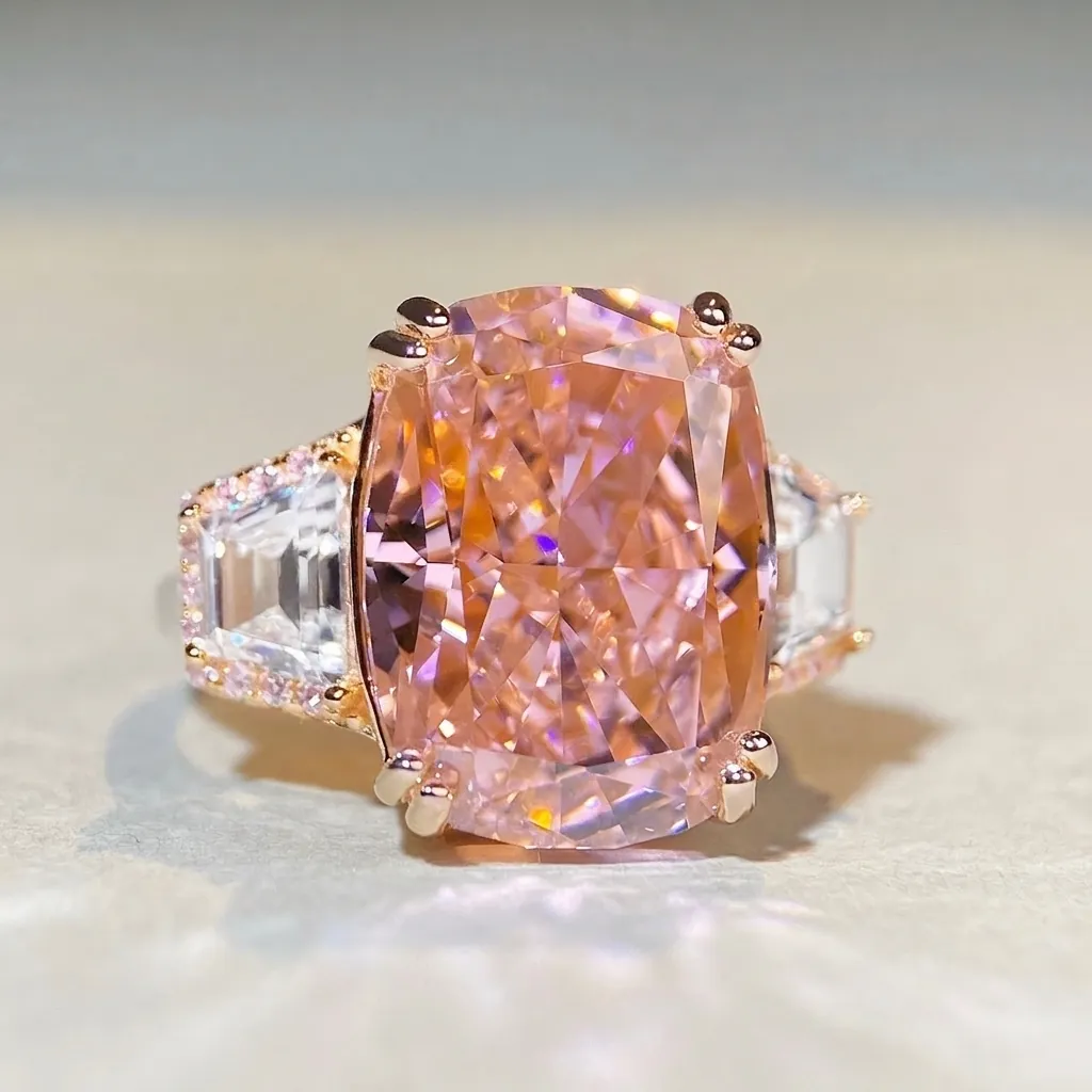 Anello in Argento Sterling 925 con Taglio a Cuscino Strass Rosa Giallo per Donna Gioielli di Lusso per Matrimonio Banchetto Festa