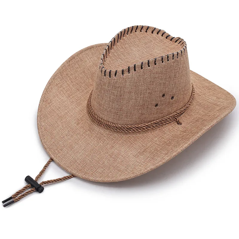 Men Outdoor Linen Cowboy Hat Wide Brim Western Knight Hat with Adjustable Windproof Rope Sunshade Summer Beach Hat
