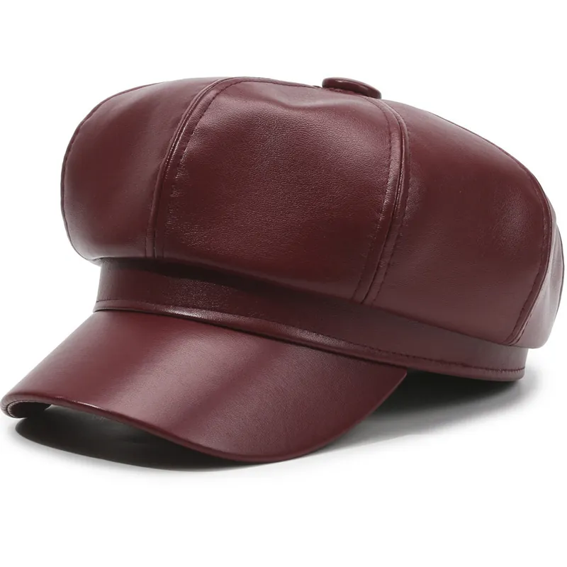 Vintage PU Leather Newsboy Cap For Women British Style Octagonal Hat Solid Color Fashion Flat Top Baker Boy Cap With Metal Chain