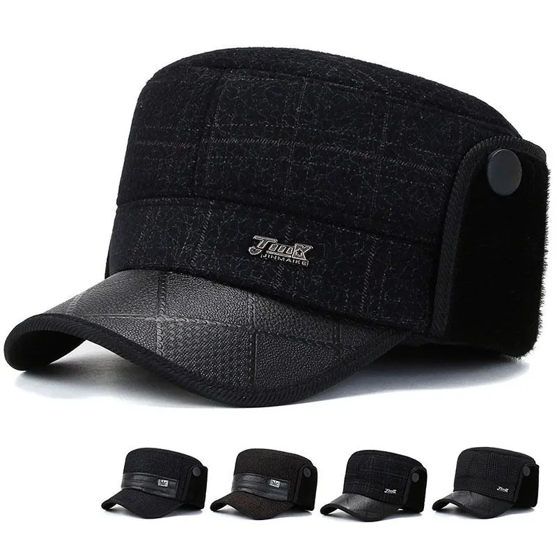 Casquette de Baseball d'Hiver à Toit Plat pour Hommes Avec Cache-oreilles Chaud Coupe-vent Casquette Cadet à Carreaux Bord en Similicuir Chapeau d'Extérieur pour Personnes Âgées