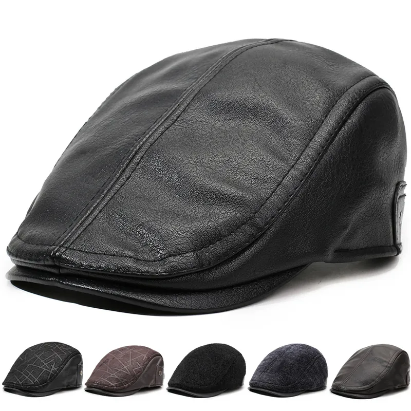 Men Vintage Artificial Leather Newsboy Cap Adjustable Flat Cap Retro Duckbill Hat Warm Windproof Outdoor Accessories For Men
