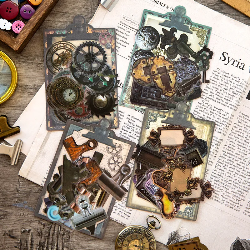 Autocollants Décoratifs en PET Rétro Steampunk Série Ville Industrielle Engrenages Serrures Clés pour Scrapbooking DIY