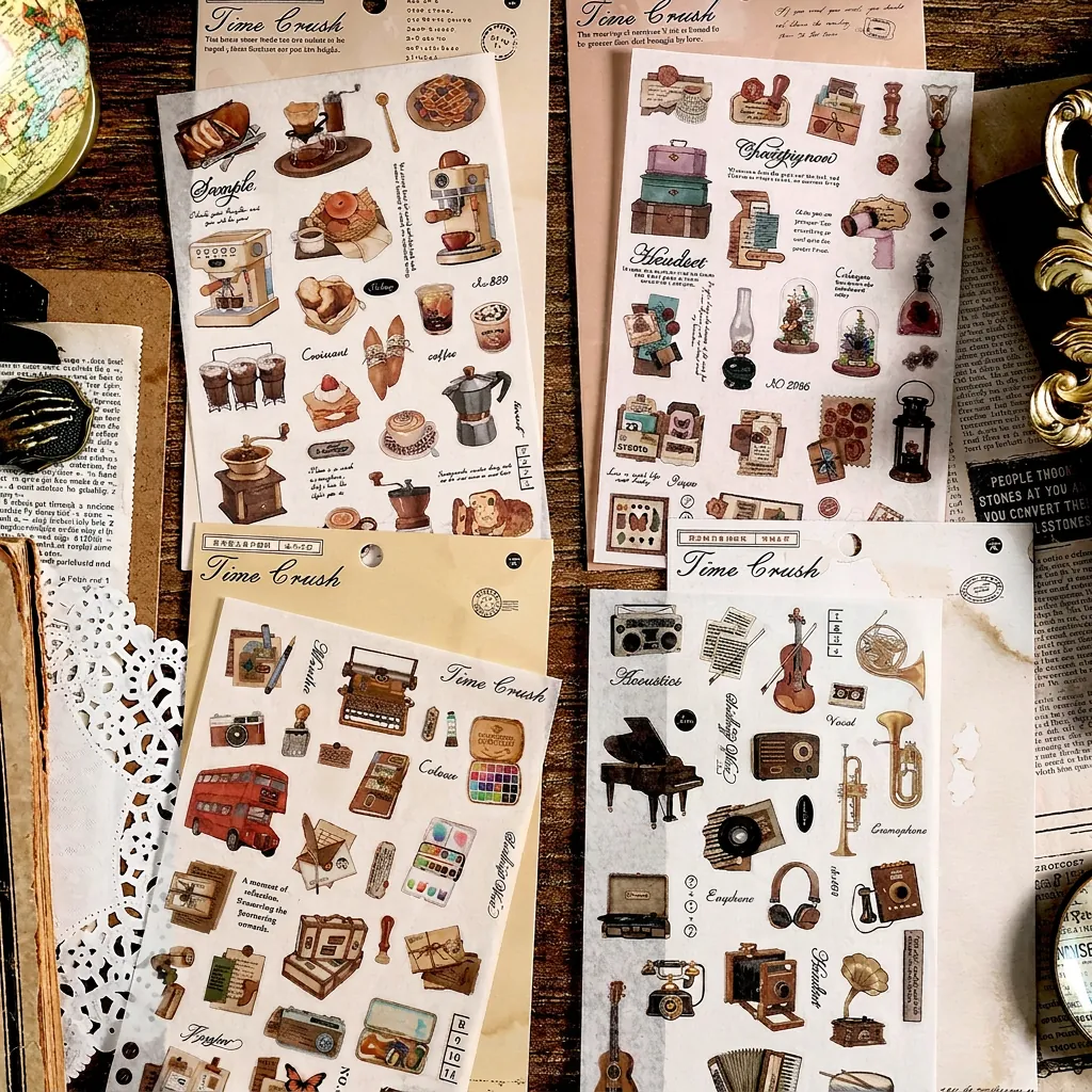 Vintage Washi Paper Stickers Retro Scrapbooking Supplies For DIY Journaling Notebook Aesthetic Coffee Bread Music Travel Theme