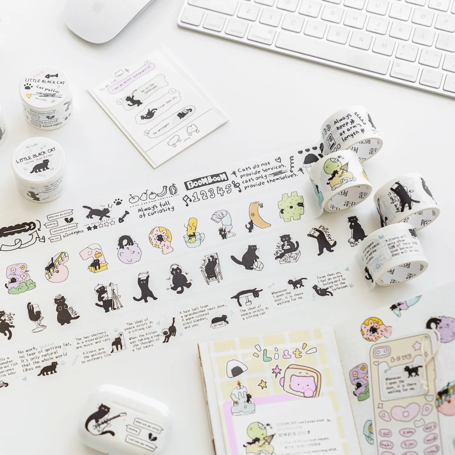 Minimalist Little Black Cat Washi Tape For Journaling Scrapbooking Hand Drawn Decorative Paper Tape DIY Craft Supplies