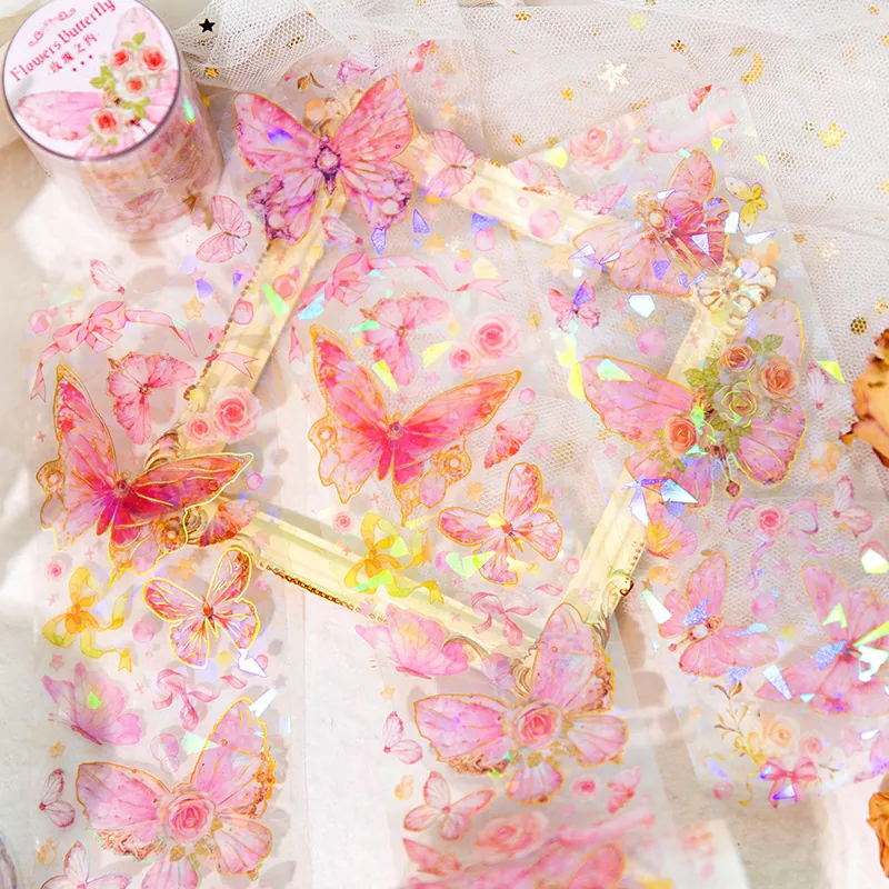Ruban PET Papillon Or Laser Autocollants Décoratifs Roses Florales Vintage pour Journaling Matériel de Scrapbooking DIY