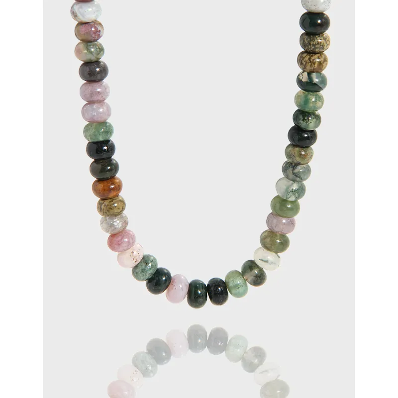 Natural Indian Agate Bead Necklace Multicolor Stone Clavicle Chain S925 Sterling Silver Clasp For Women Boho Jewelry