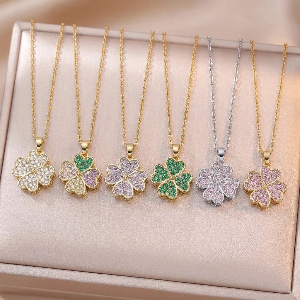 Clover Heart Pendant Necklace Stainless Steel Sparkling Zirconia Rotating Fashion Jewelry For Women