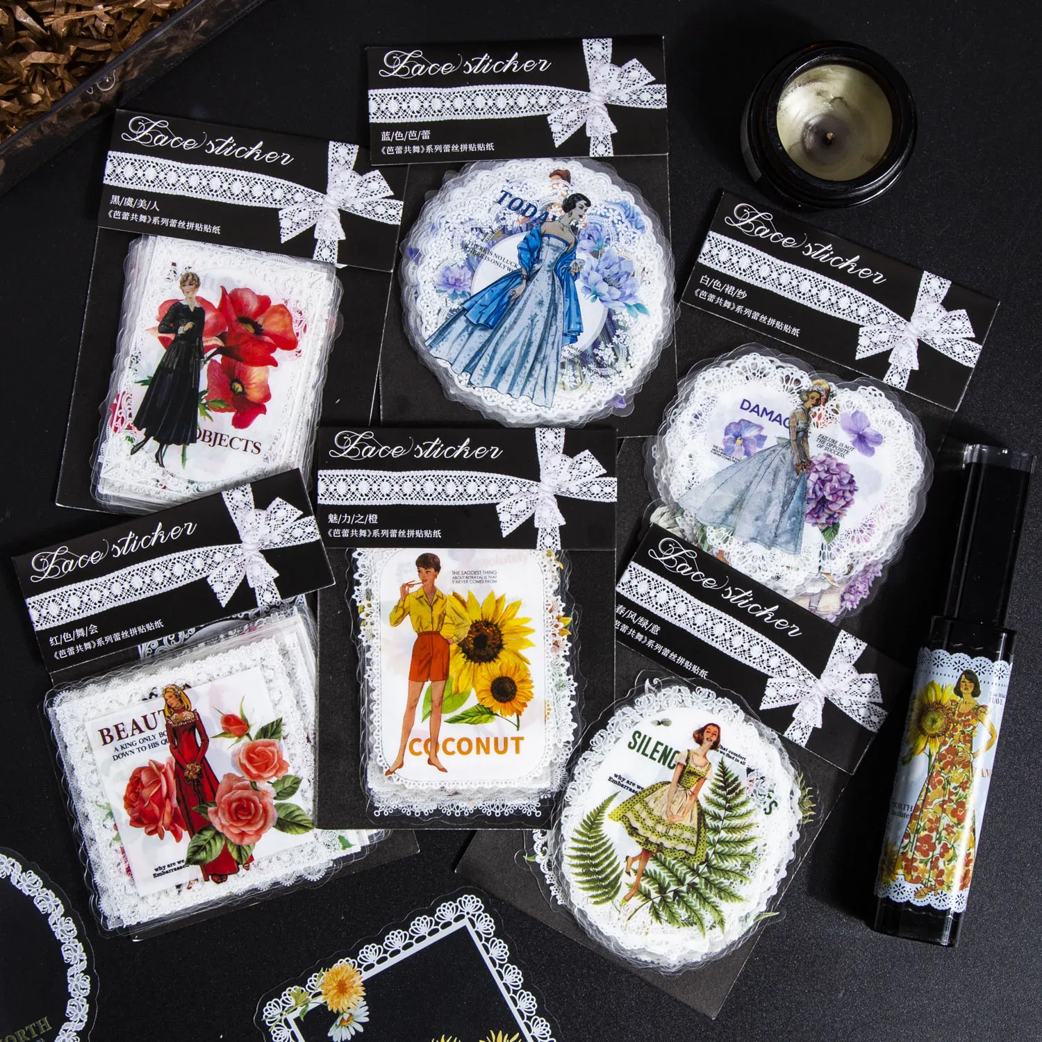 Adesivi PET Vintage in Pizzo per Danza Classica per Scrapbooking Fai-da-te Diario Collage Decorativi Fiori e Figure