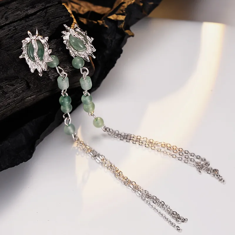 New Chinese Style S925 Sterling Silver Green Dongling Jade Tassel Stud Earrings Detachable Long Chain Earrings For Women
