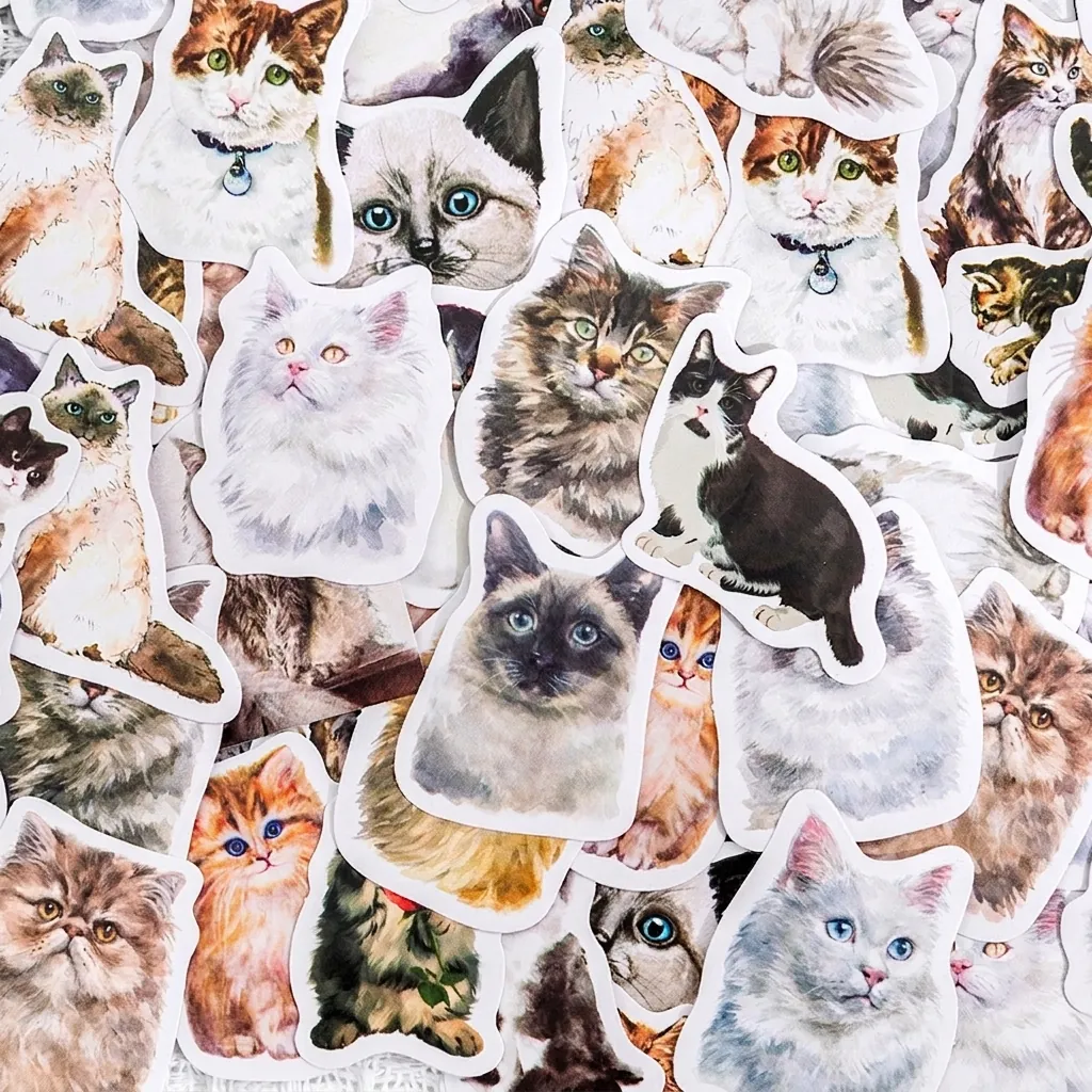 Watercolor Cat Theme Boxed Stickers For Journaling Scrapbooking Cute Kitten Diary Stickers DIY Decoration Materials