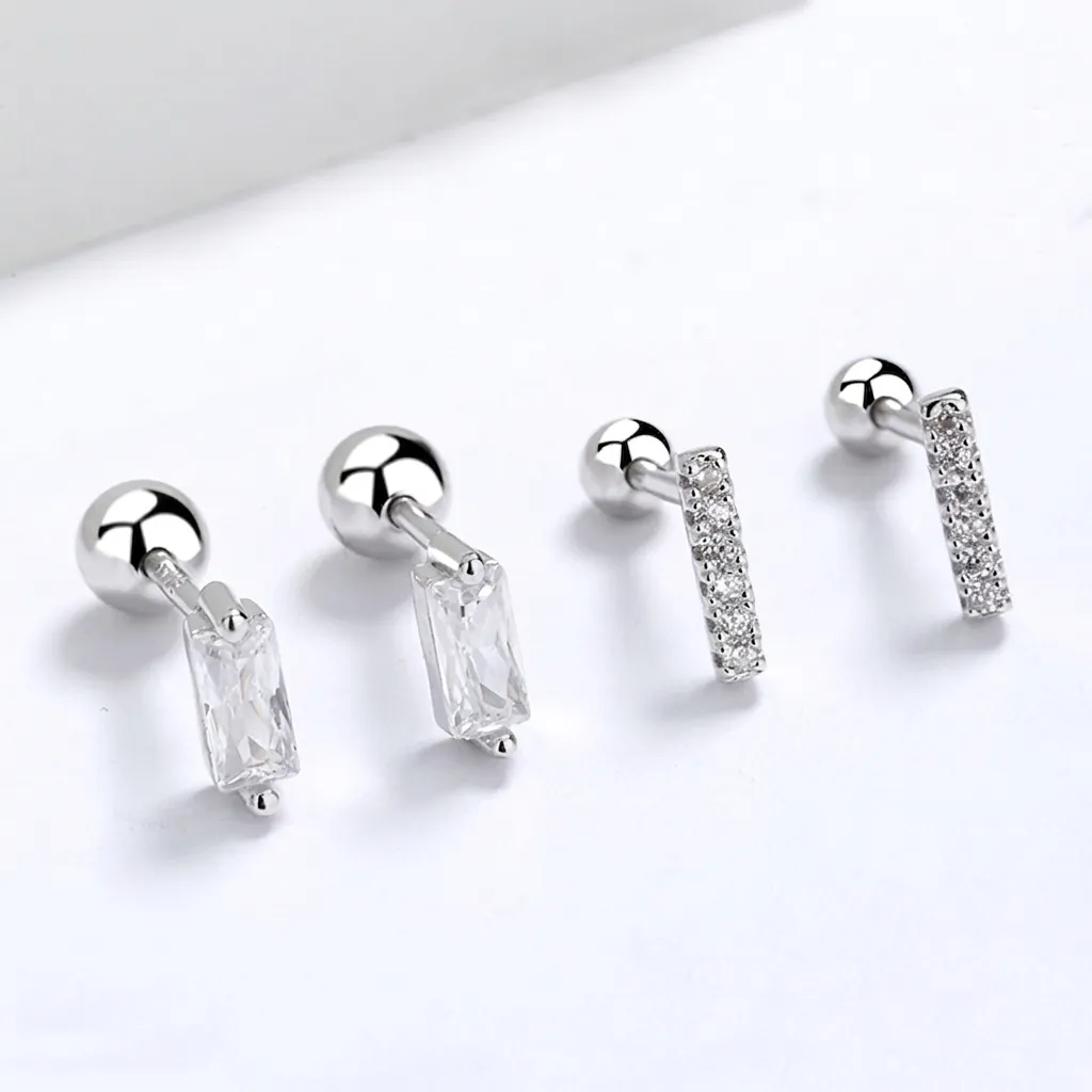925 Sterling Silver Rectangular Zirconia Stud Earrings For Women Secure Screw Back Threaded Closure Minimalist Geometric Jewelry