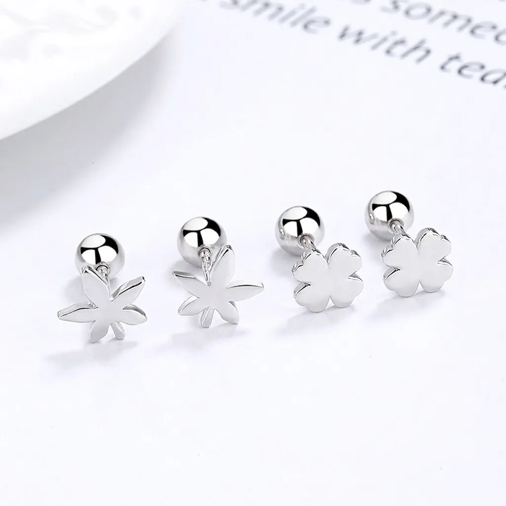 Minimalist 925 Sterling Silver Lucky Four Leaf Clover Maple Leaf Stud Earrings For Women Girl Screw Back Agate Rhinestone Earring